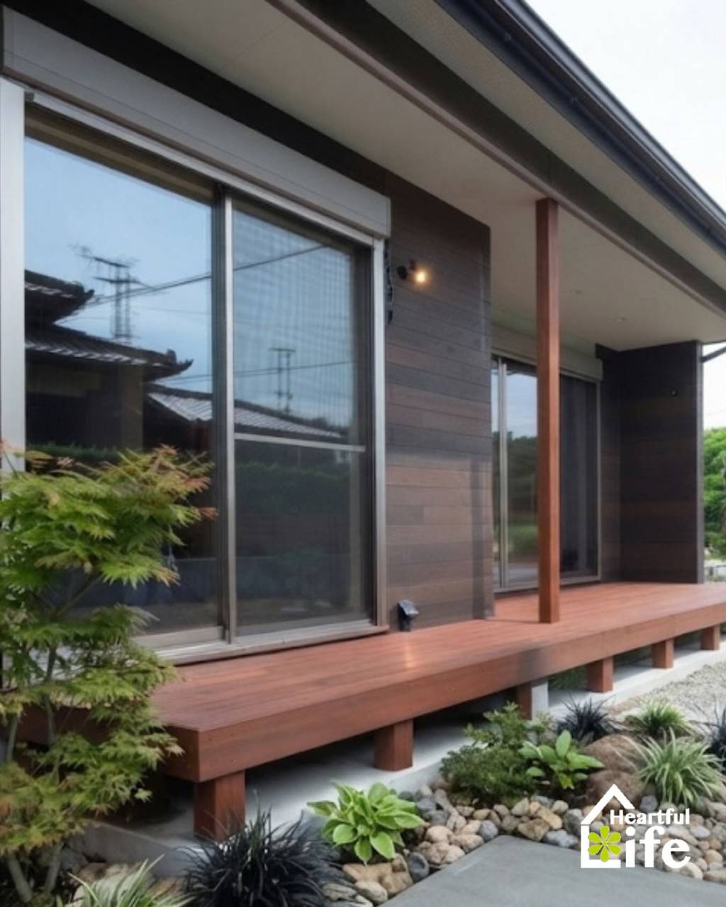 #生穂建設　木目調の濃いブラウンの外壁に、温かみのあるウッド...